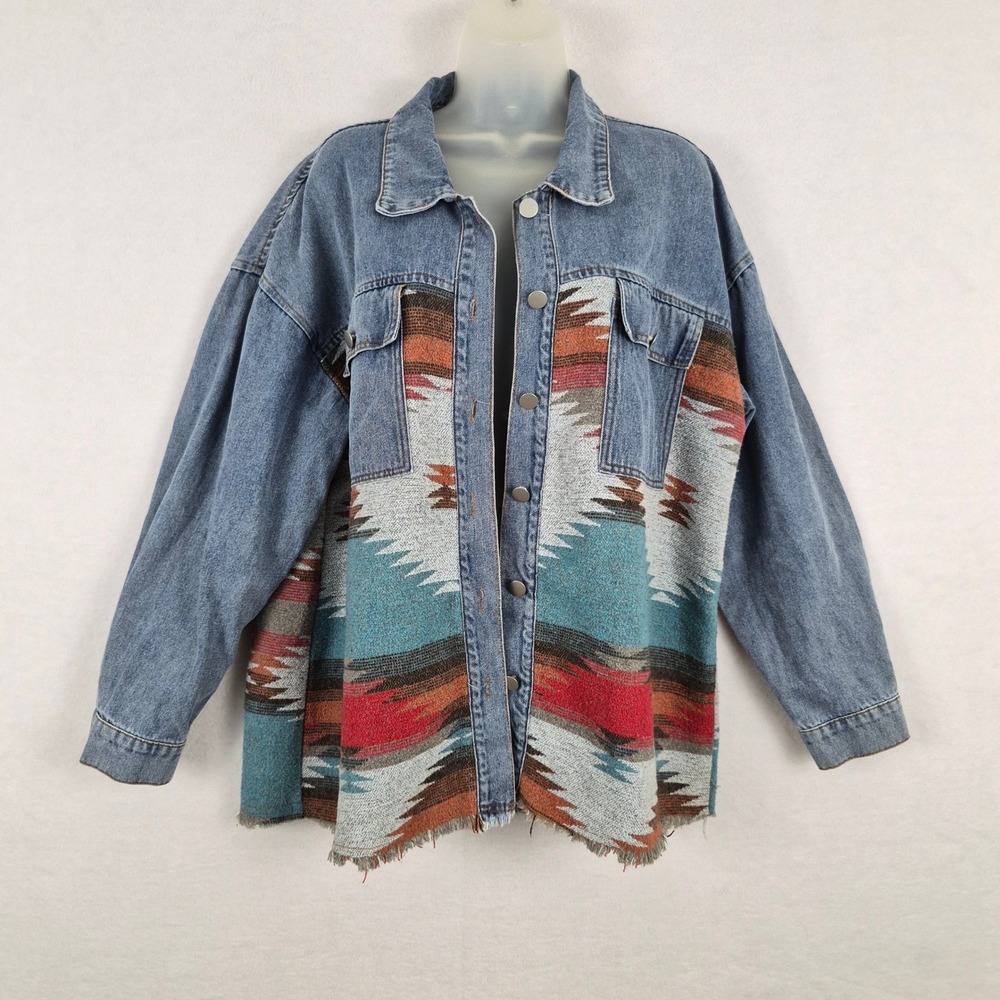 Southwest Geometric Tapestry Denim Jacket Sz Large Boho Festival Hippie Grunge